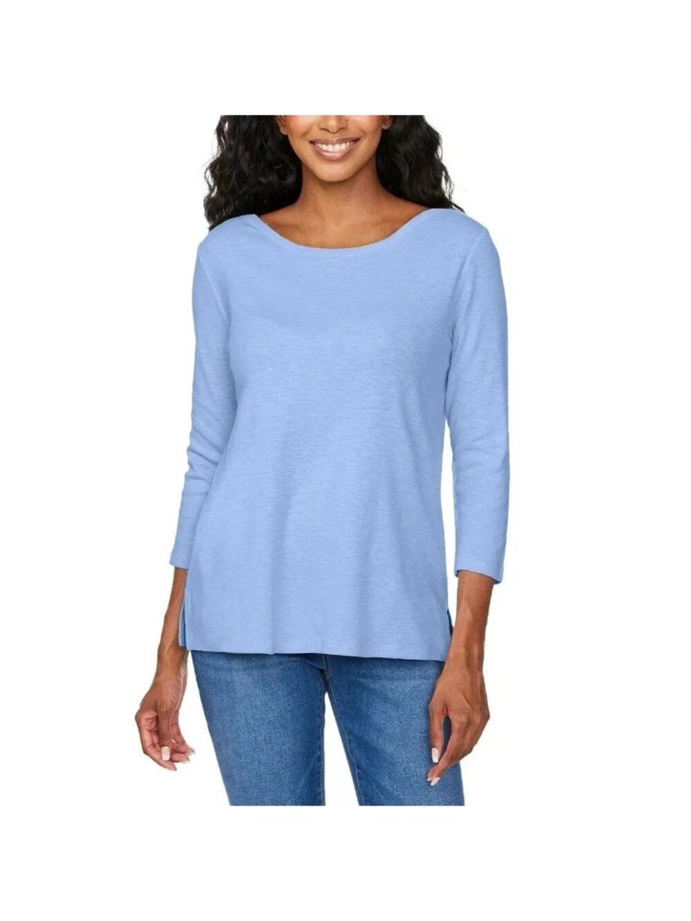 NWT Kirkland Signature Women's  L Blue 3/4 Sleeve Boatneck Slub Tee